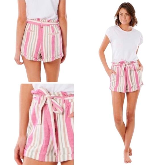 Rip Curl Pink Tan Striped Paper Bag Waist High Rise Shorts SM Summer Casual Boho - Picture 1 of 9